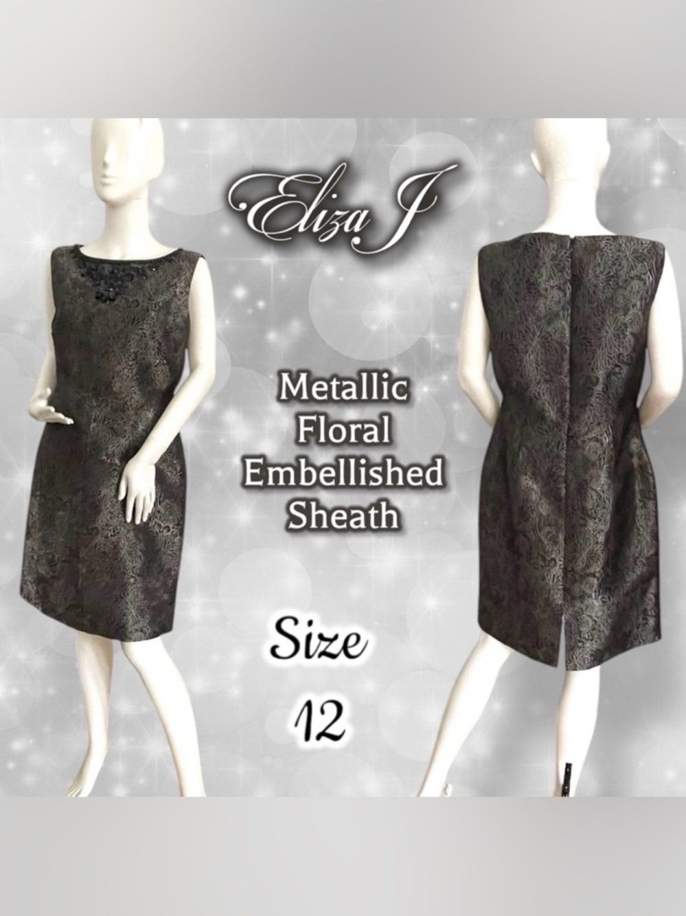 Eliza J Embellished Metallic Floral Sheath Dress Size 12 Silver Black